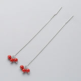 925 Sterling Silver Tassel Dangle Earrings Red Ball Party Gift Bijoux