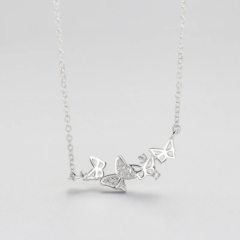 925 Silver Butterfly Pendant Necklace Zircon Rose Jewelry