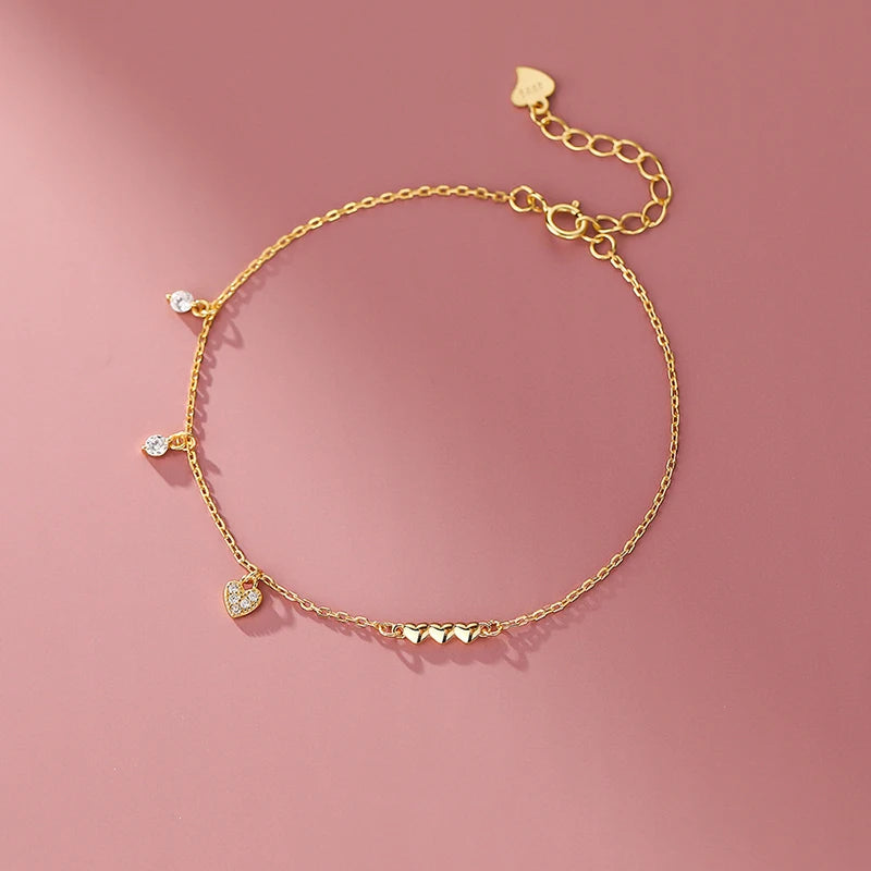 925 Silver 14K Plated Zircon Hearts Bracelet Wedding Jewelry