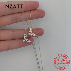 925 Silver 14K Plated Zircon V Pearl Pendant Choker Necklace Women