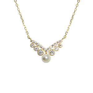 925 Silver 14K Plated Zircon V Pearl Pendant Choker Necklace Women