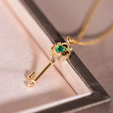 925 Silver Key Pendant Choker Necklace 14k Green Zircon Women