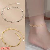 925 Sterling Silver Double Chain Bead Anklet for Women