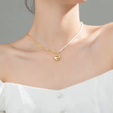 925 Silver Heart Chain Pearl Choker Necklace Women Bohemian Jewelry