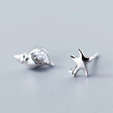 925 Silver Asymmetric Stud Earrings Conch starfish Fine Jewelry Gift