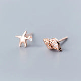 925 Silver Asymmetric Stud Earrings Conch starfish Fine Jewelry Gift
