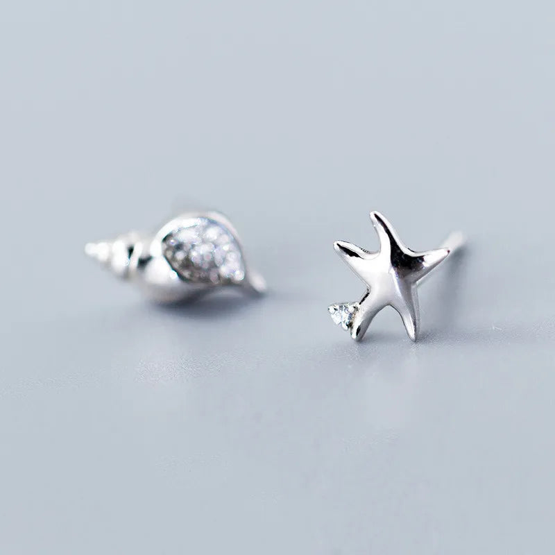 925 Silver Asymmetric Stud Earrings Conch starfish Fine Jewelry Gift