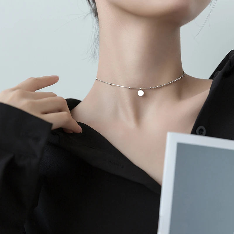 925 Silver Asymmetrical Bead LUCK Choker Necklace Women Vintage Jewelry