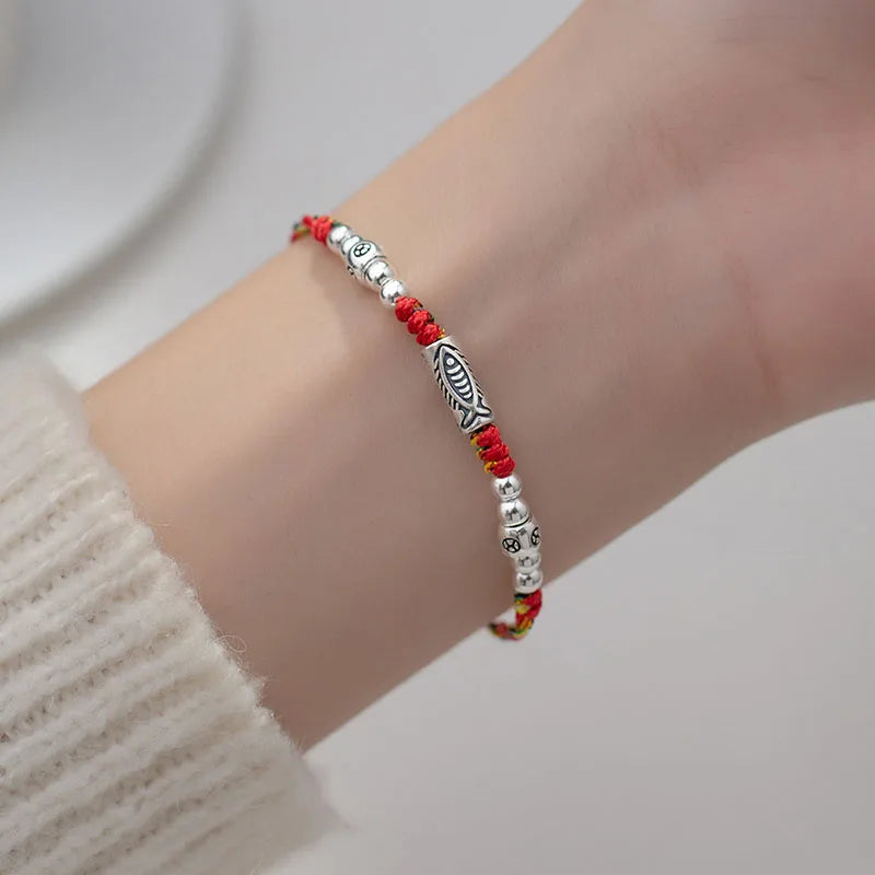 925 Silver Bead Red Rope Bracelet Women Party Jewelry