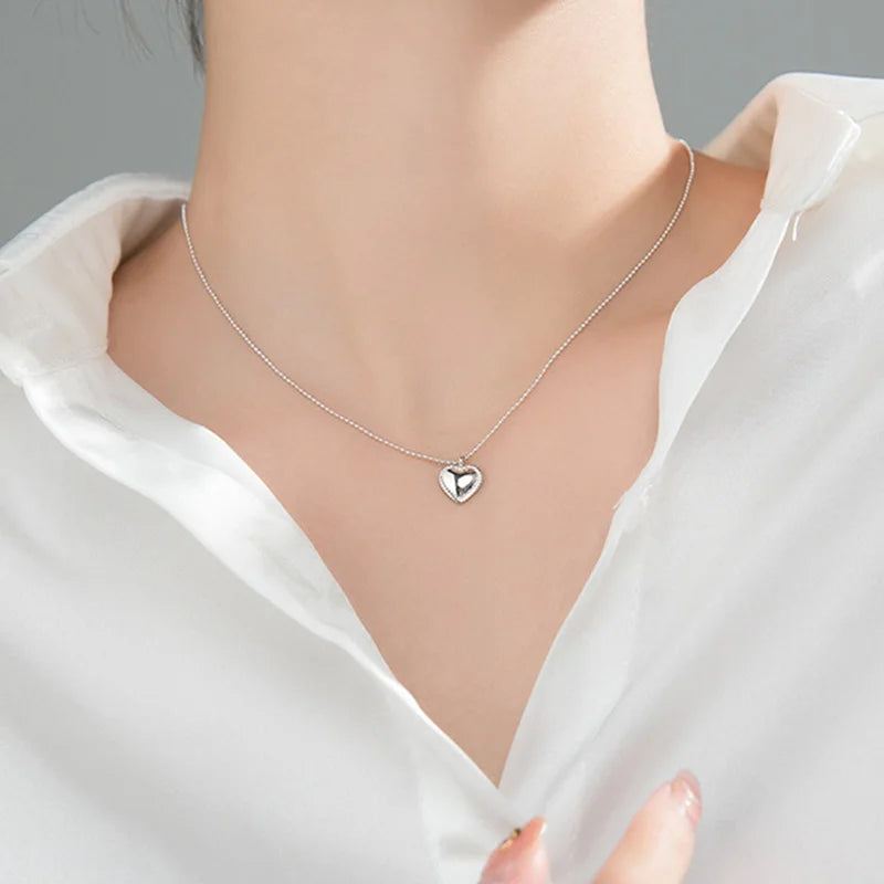 925 Silver Bead Chain Heart Pendant Choker Necklace Vintage Jewelry
