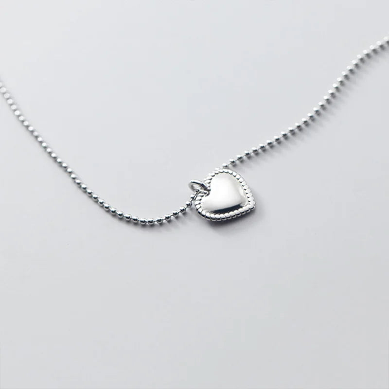 925 Silver Bead Chain Heart Pendant Choker Necklace Vintage Jewelry