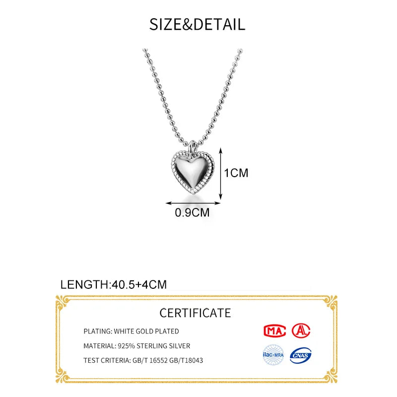 925 Silver Bead Chain Heart Pendant Choker Necklace Vintage Jewelry