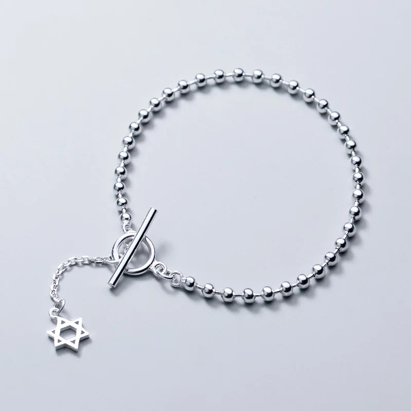 925 Silver Bead Chain Star Pendant Bracelet for Women Round Fine Jewelry