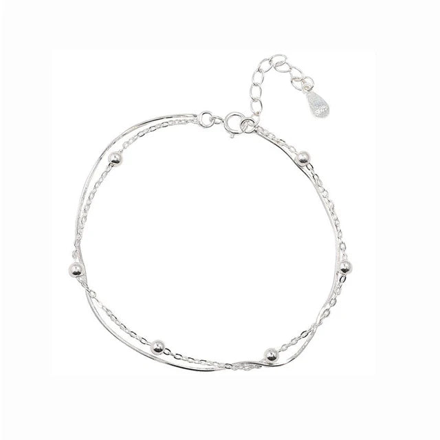 925 Silver Bead Double Layer Chain Bracelet Women Fine Jewelry