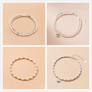 925 Sterling Silver Heart Pearl Double Chain Bracelet for Women