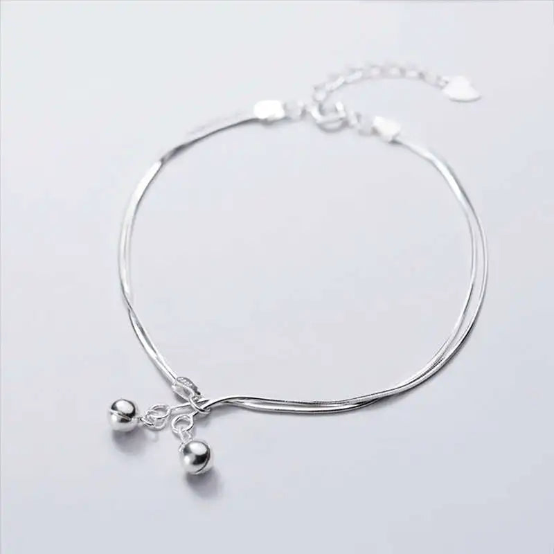 925 Silver Bells Double Chain Bracelet Party Fine Jewelry