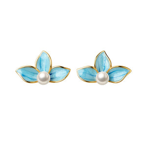 Sterling Silver Enamel Flower Pearl Stud Earrings Fine Jewelry