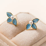 Sterling Silver Enamel Flower Pearl Stud Earrings Fine Jewelry
