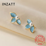 Sterling Silver Enamel Flower Pearl Stud Earrings Fine Jewelry