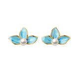 Sterling Silver Enamel Flower Pearl Stud Earrings Fine Jewelry