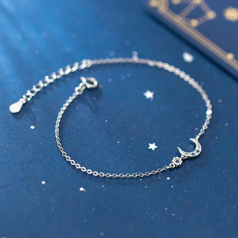 925 Sterling Silver Red Zircon Moon Charm Bracelet Women