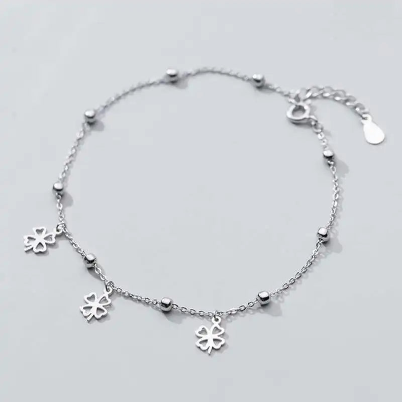 925 Sterling Silver Clover Anklet For Women Party Plant Bead Chain Gift