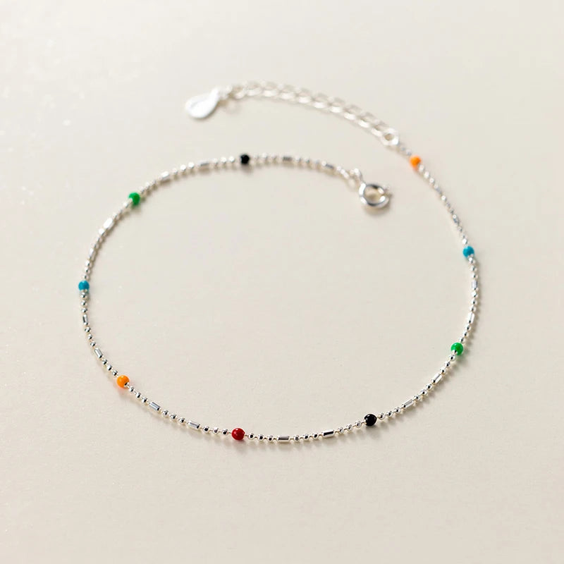 925 Sterling Silver Colorful Bead Chain Anklet for Women