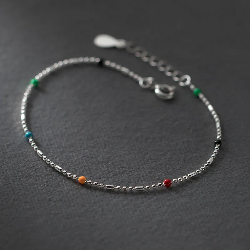 925 Silver Colorful Bead Chain Bracelet Women Party Jewelry