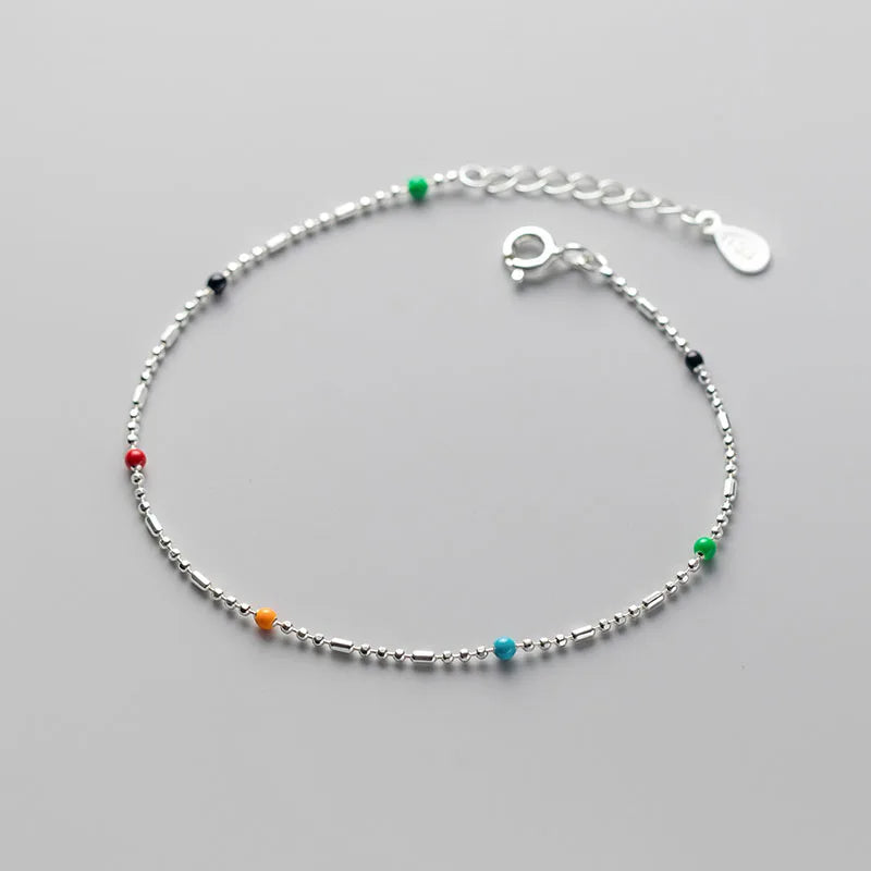 925 Silver Colorful Bead Chain Bracelet Women Party Jewelry