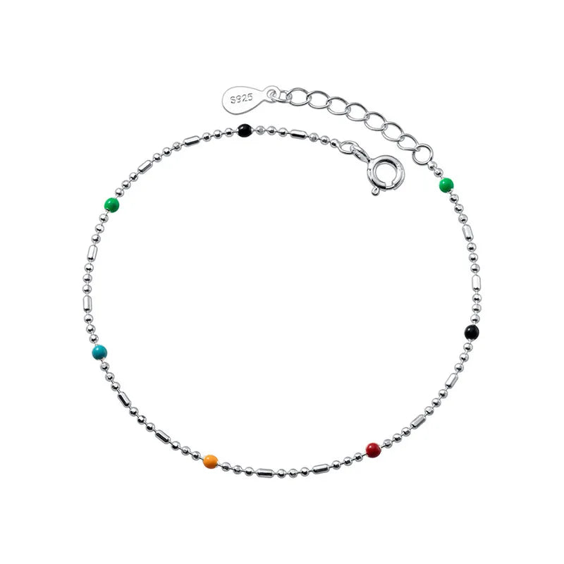 925 Silver Colorful Bead Chain Bracelet Women Party Jewelry