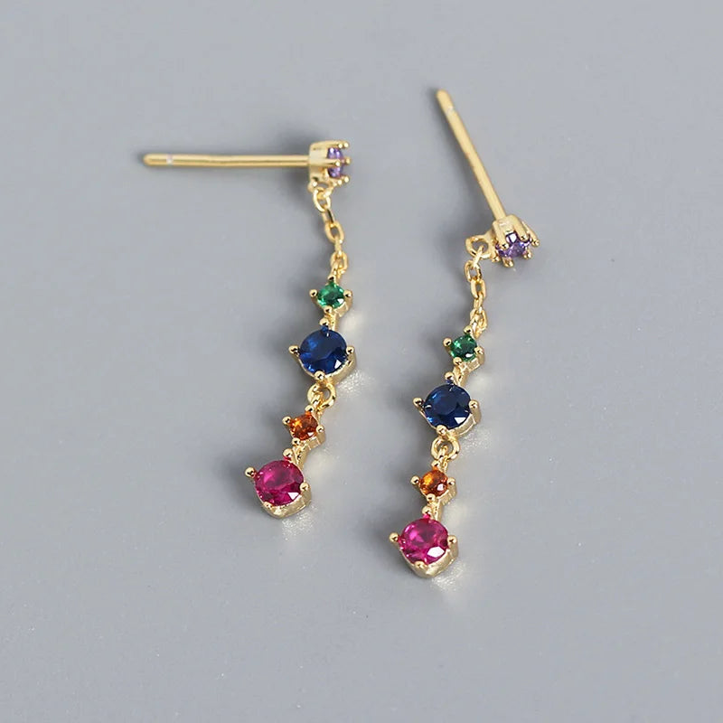 925 Silver Colorful Zircon Tassel Earrings Western Style