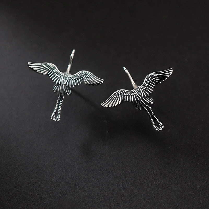 925 Silver Crane Stud Earrings Women's Jewelry Minimalist Accessories
