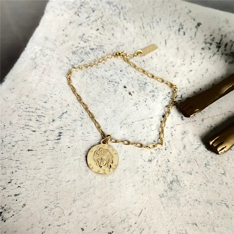925 Silver Disc Portrait Carving Bracelet for Women Party