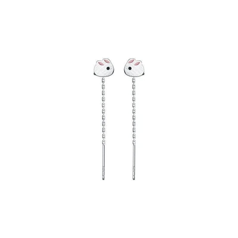 925 Silver Enamel Rabbit Chain Tassel Hoop Earrings