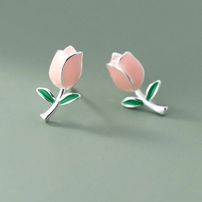 925 Sterling Silver Enamel Flower Stud Earrings Plant Accessories Gift