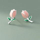 925 Sterling Silver Enamel Flower Stud Earrings Plant Accessories Gift