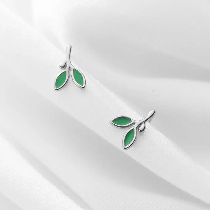 925 Silver Enamel Leaves Plant Stud Earrings Women Jewelry Bijoux