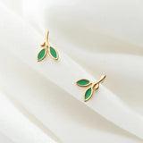 925 Silver Enamel Leaves Plant Stud Earrings Women Jewelry Bijoux