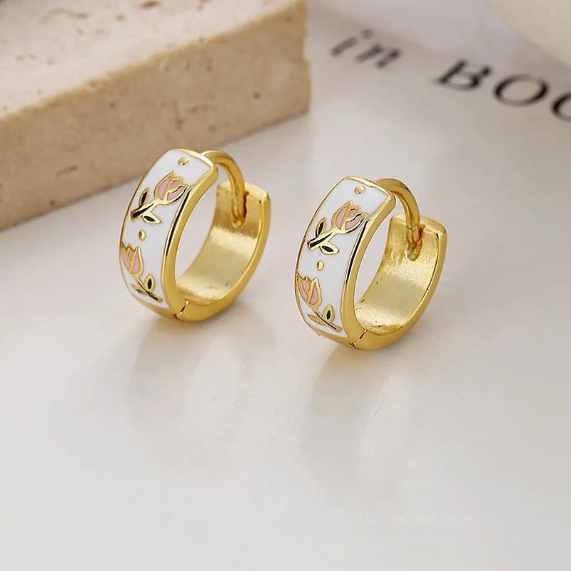 925 Silver Enamel Tulips 18K Hoop Earrings Women Party Jewelry