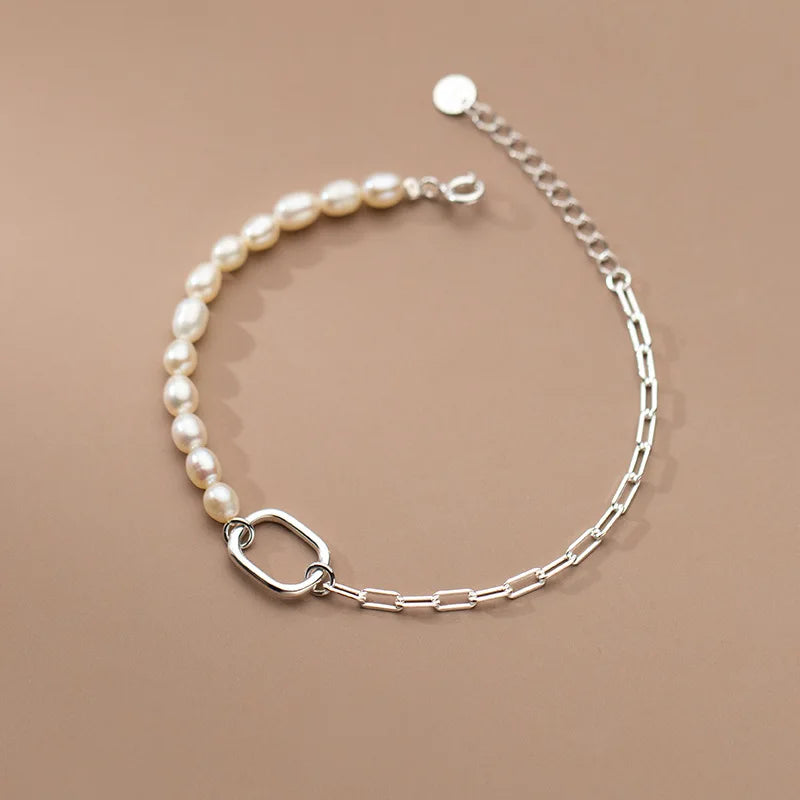925 Silver Square Pearl Chain Bracelet Women's Fine Jewelry