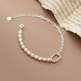 925 Silver Square Pearl Chain Bracelet Women's Fine Jewelry