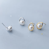 925 Silver Pearl Stud Earrings Minimalist Round Women's Jewelry