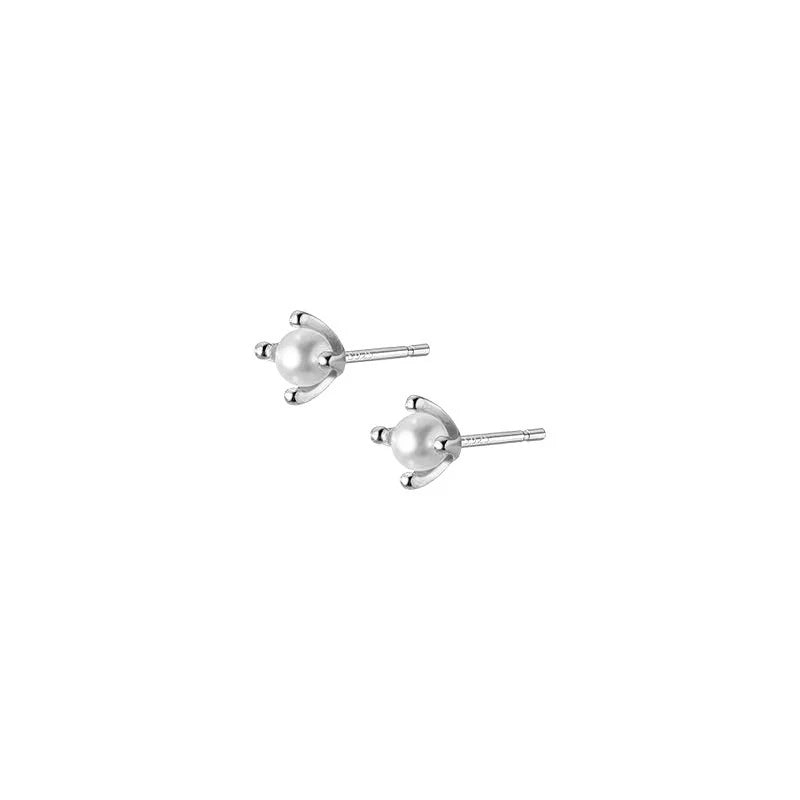 925 Silver Pearl Stud Earrings Minimalist Round Women's Jewelry