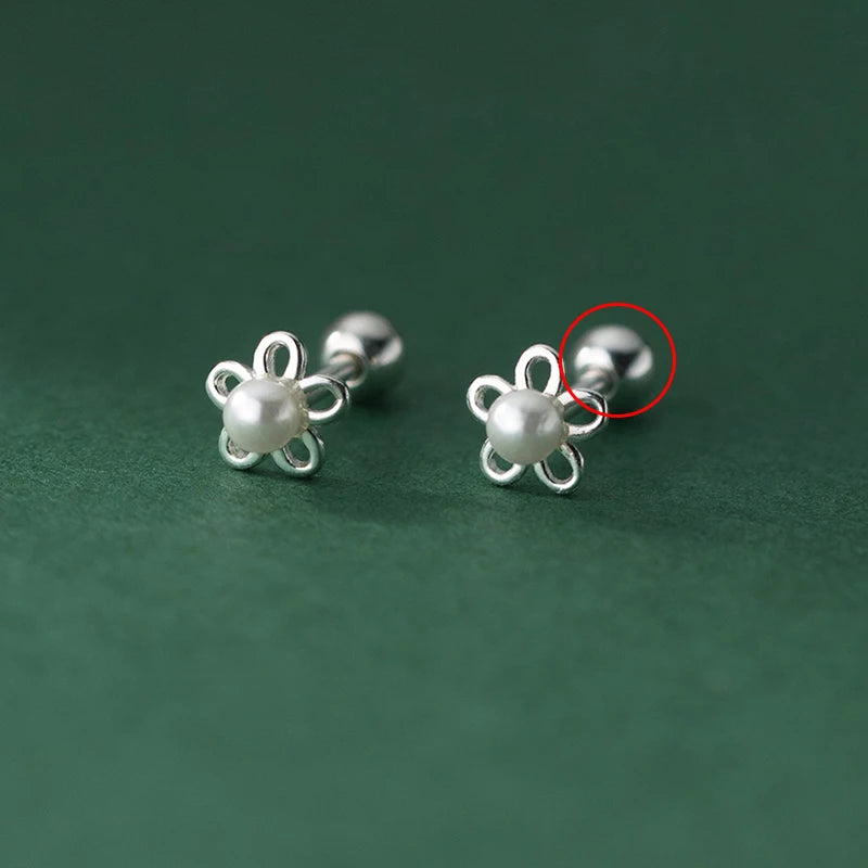 925 Silver Pearl Flower Stud Earrings Classic Jewelry for Women