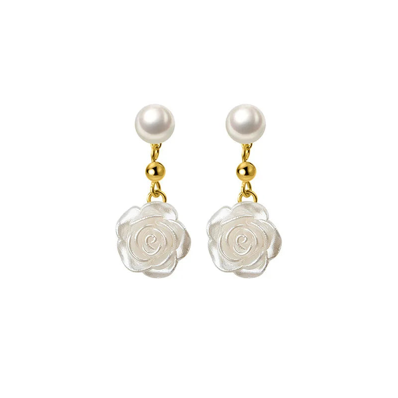 925 Silver Pearl Flower Pendant Earrings Women Gift