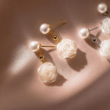 925 Silver Pearl Flower Pendant Earrings Women Gift