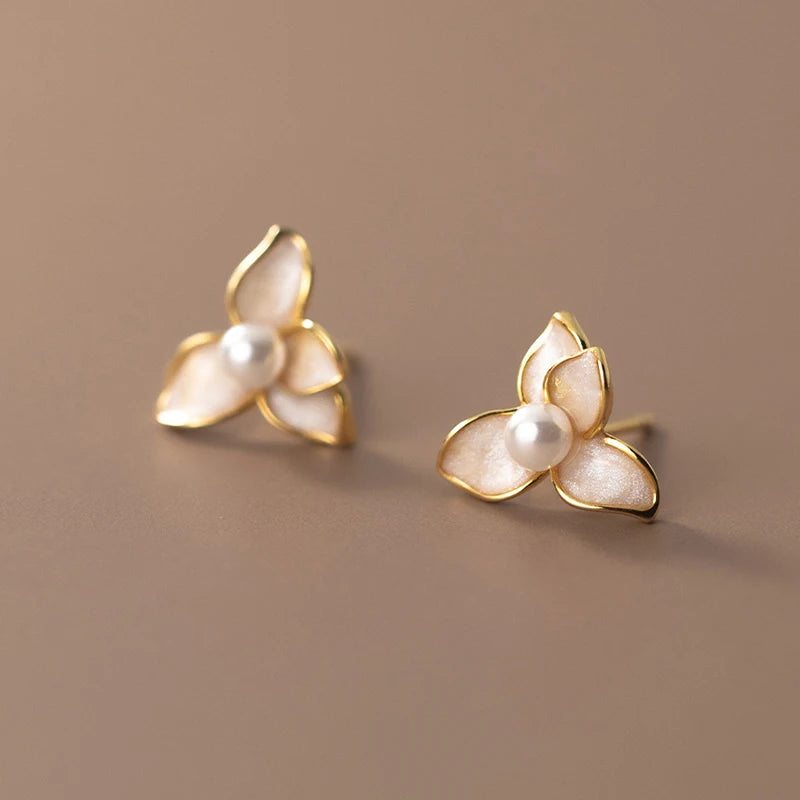 925 Silver Pearl Flower Stud Earrings Women's Fine Jewelry