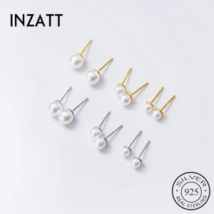 925 Silver Pearl Zircon Stud Earrings Women Geometric Round Fine Jewelry