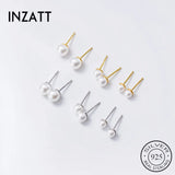 925 Silver Pearl Zircon Stud Earrings Women Geometric Round Fine Jewelry