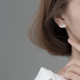 925 Silver Pearl Zircon Stud Earrings Women Geometric Round Fine Jewelry